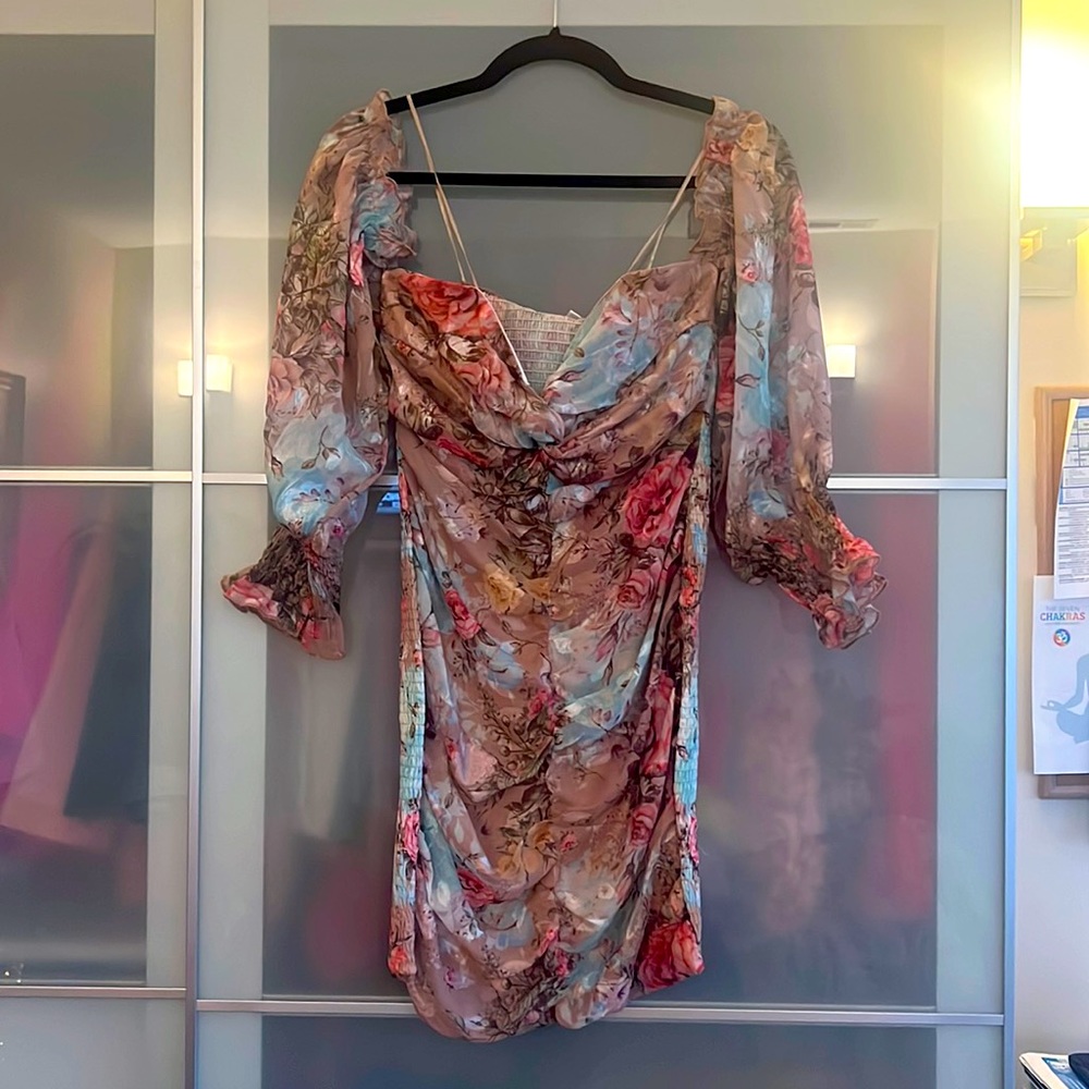 Fashion Nova Pink and Blue Floral Puff Sleeve Dress